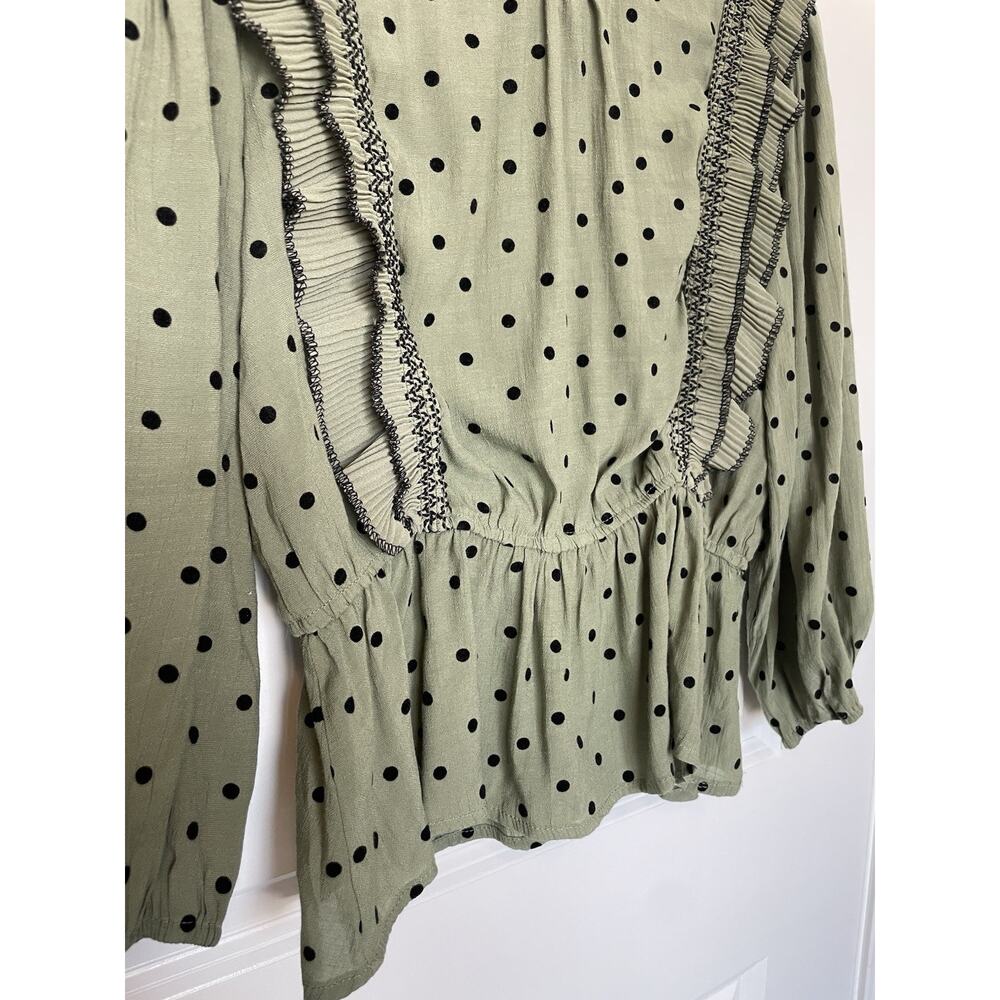 MINE Size Large Green Floral Romantic Polkadot Ruffle Neckline Peplum Waist - Picture 3 of 10